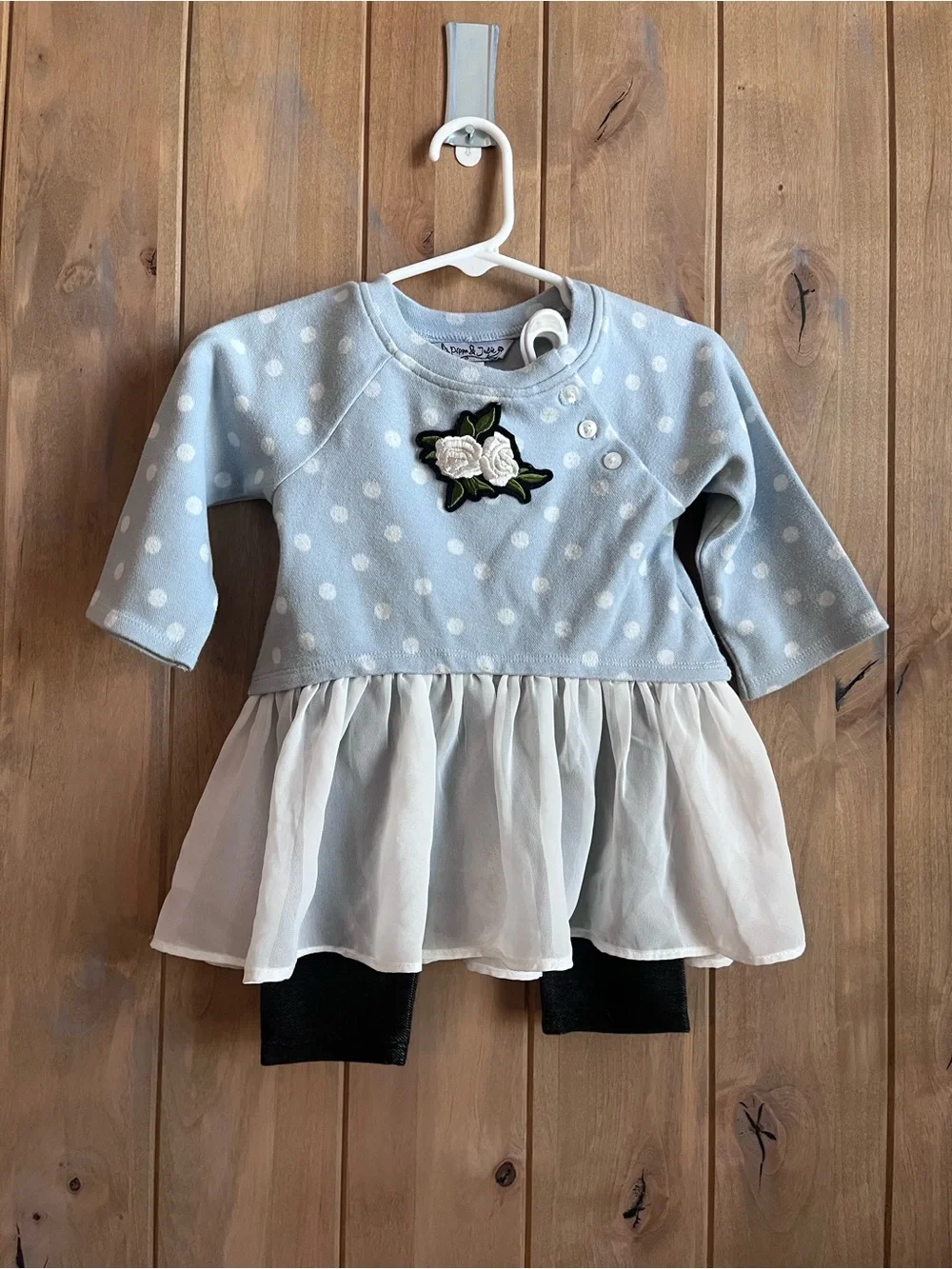 Pippa & Julie Light Blue Polka Dot Tulle  Top with faux Jean leggings - size 12m
